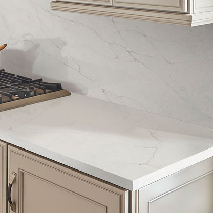 Calacatta Prado quartz countertop installed in a room setting