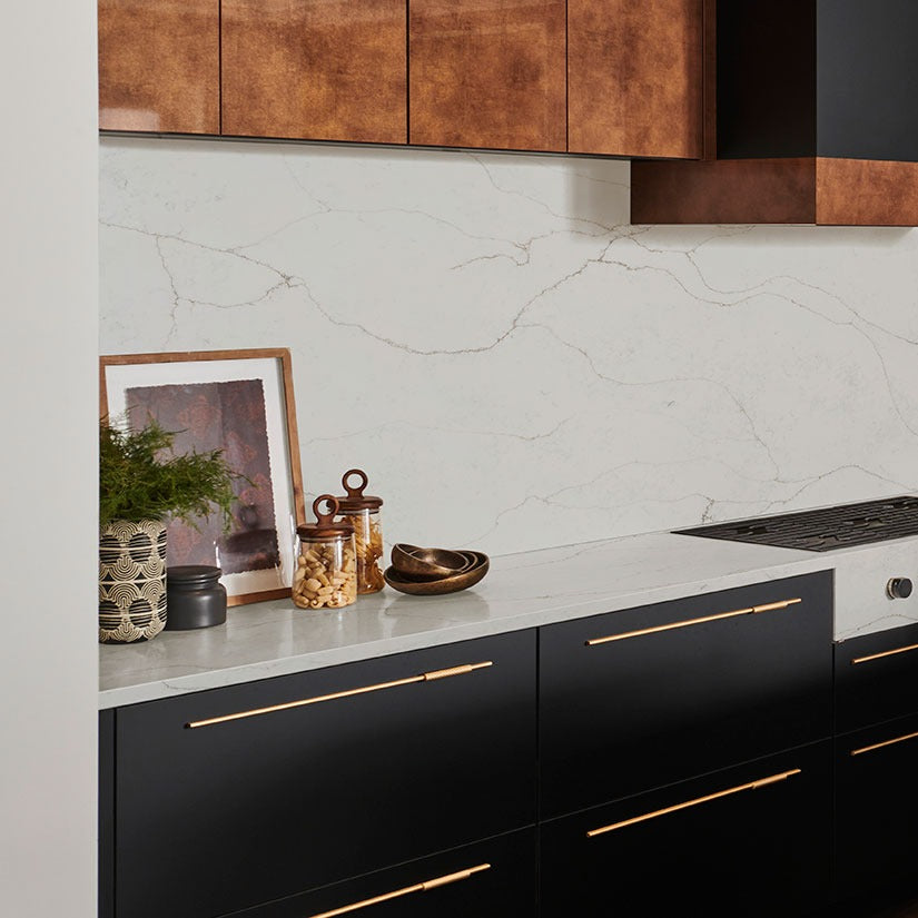 Calacatta Prado quartz countertop installed in a room setting