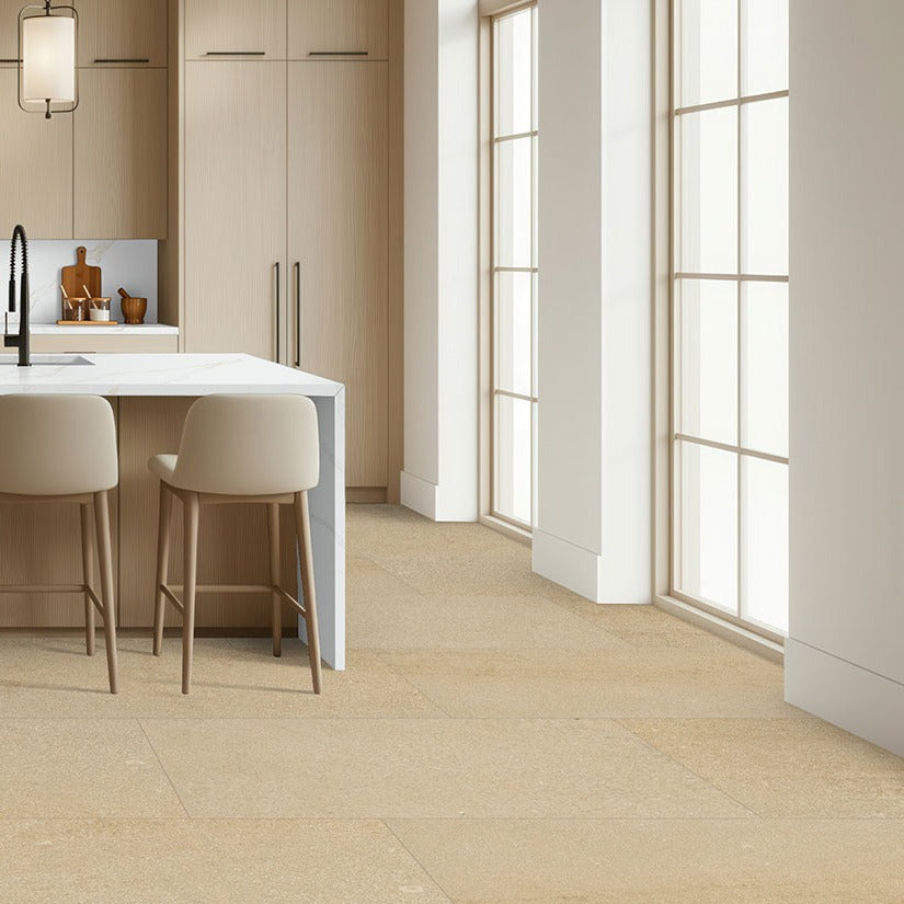 Calacatta Rivessa quartz kitchen countertop installed in a room setting