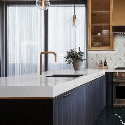 Calacatta Solessio LumaLuxe quartz kitchen countertop installed in a room setting