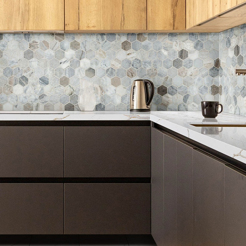 Calacatta Solessio LumaLuxe quartz kitchen countertop installed in a room setting