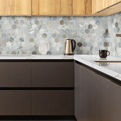 Calacatta Solessio LumaLuxe quartz kitchen countertop installed in a room setting