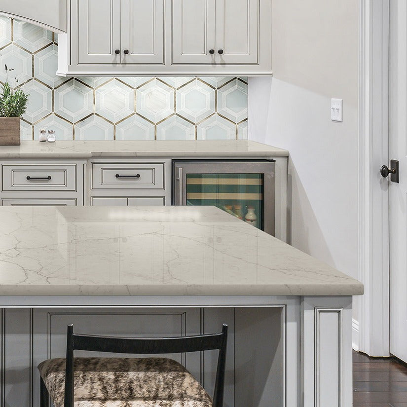 Calacatta Valentin quartz countertop installed in a room setting