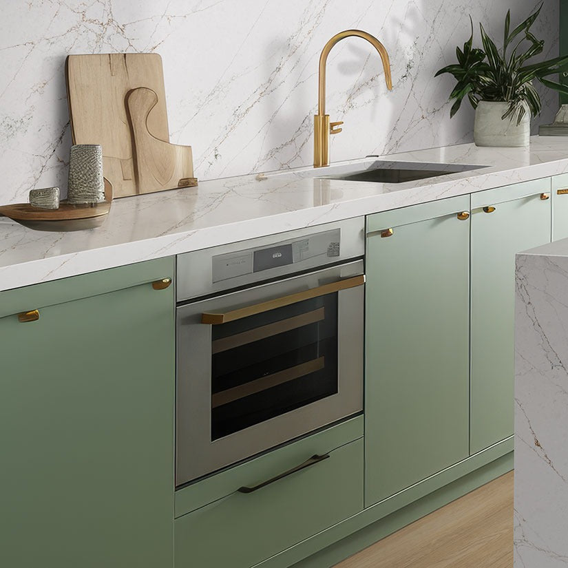Calacatta Viraldi LumaLuxe quartz kitchen countertop installed in a room setting