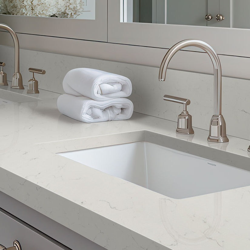 Carrara Delphi quartz countertop installed in a room setting