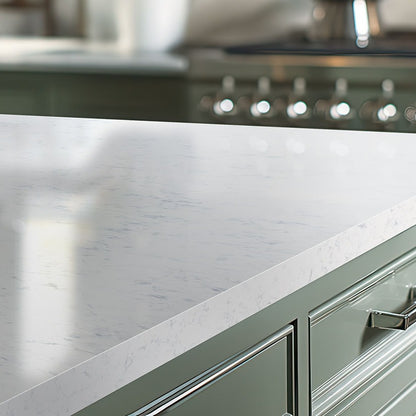 Carrara Lumos LumaLuxe quartz kitchen countertop installed in a room setting