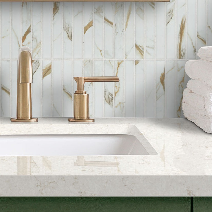 Cashmere Taj quartz countertop installed in a room setting