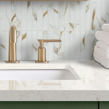 Cashmere Taj quartz countertop installed in a room setting