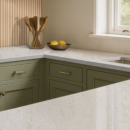Cashmere Taj quartz countertop installed in a room setting