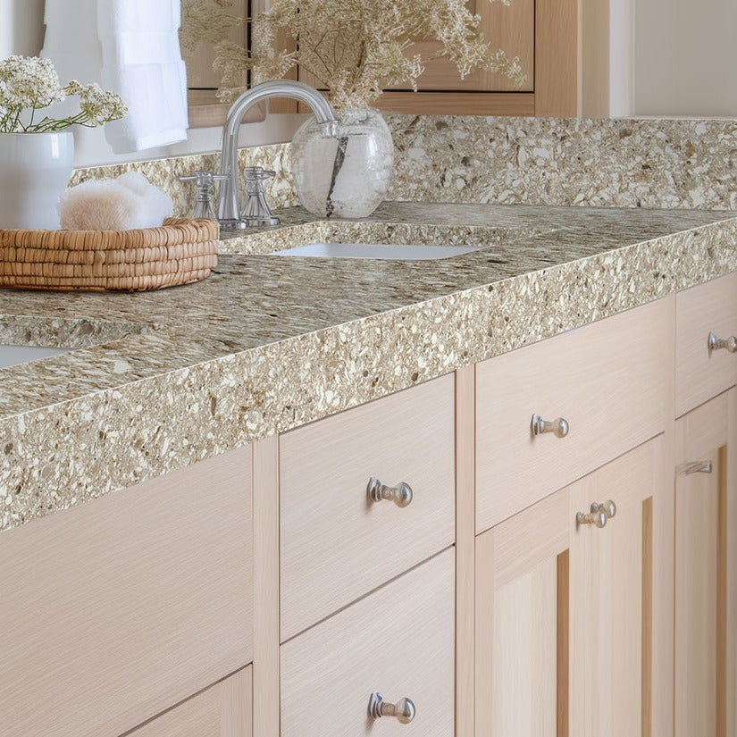 Chakra Beige quartz countertop installed in a room setting
