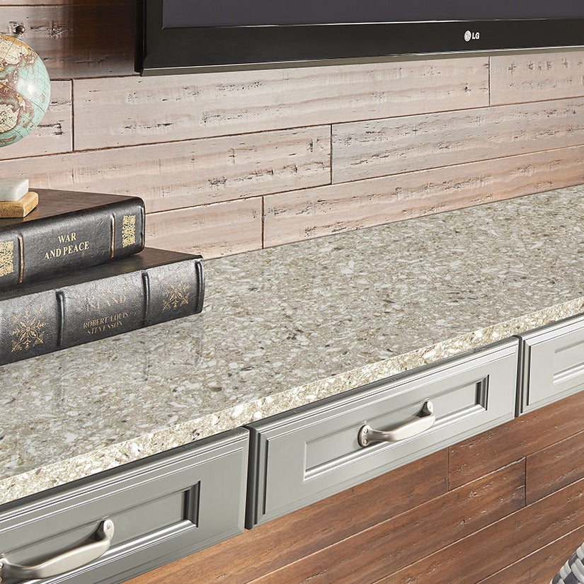 Chakra Beige quartz countertop installed in a room setting