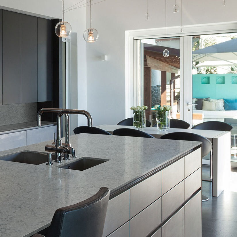 Galant Gray LumaLuxe quartz kitchen countertop installed in a room setting