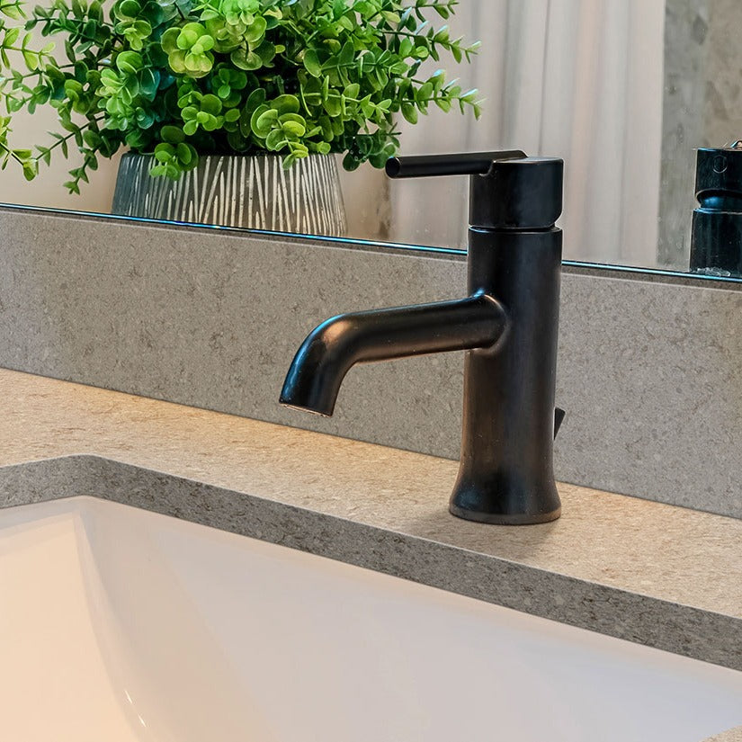 Gray Lagoon quartz countertop installed in a room setting