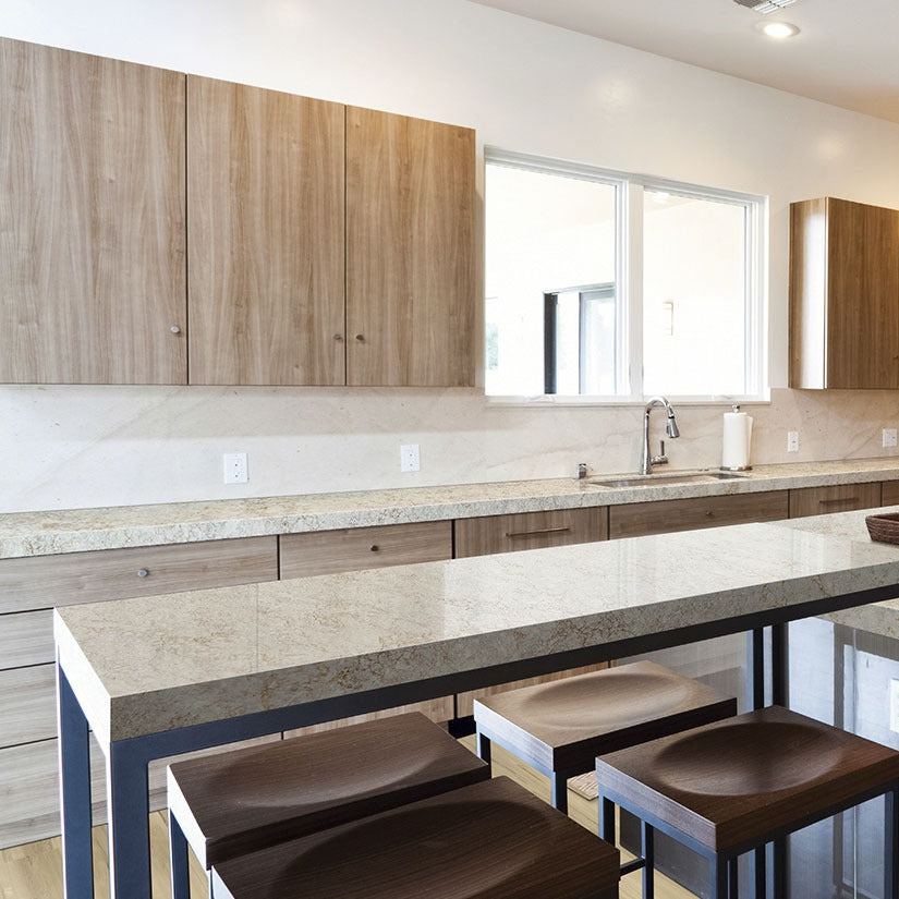 Gray Lagoon quartz countertop installed in a room setting