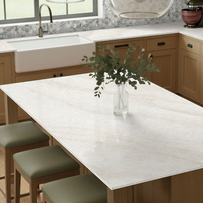 IvoriTaj Brushed Q Plus quartz kitchen countertop installed in a room setting
