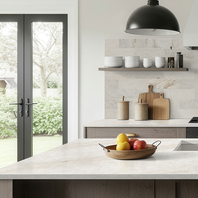 IvoriTaj Q Plus quartz kitchen countertop installed in a room setting