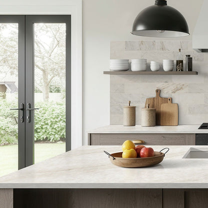 IvoriTaj Q Plus quartz kitchen countertop installed in a room setting