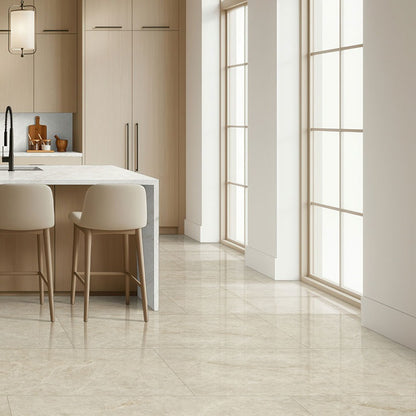 IvoriTaj Q Plus quartz kitchen countertop installed in a room setting