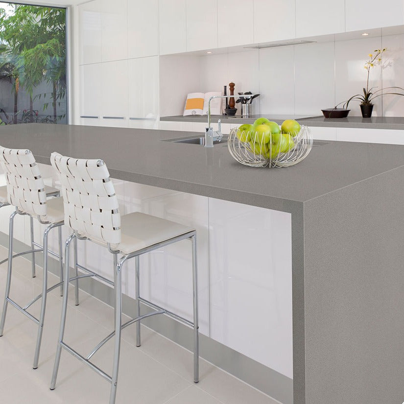 Macabo Gray quartz countertop installed in a room setting