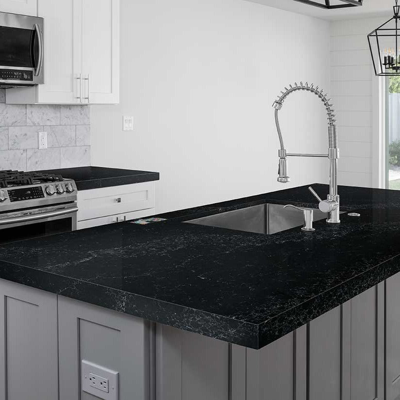 Midnight Corvo quartz countertop installed in a room setting