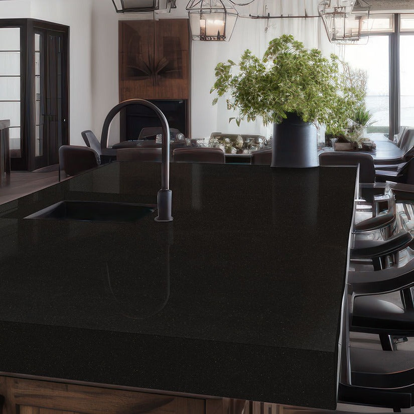 Midnight Majesty quartz countertop installed in a room setting