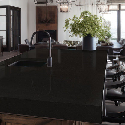 Midnight Majesty quartz countertop installed in a room setting