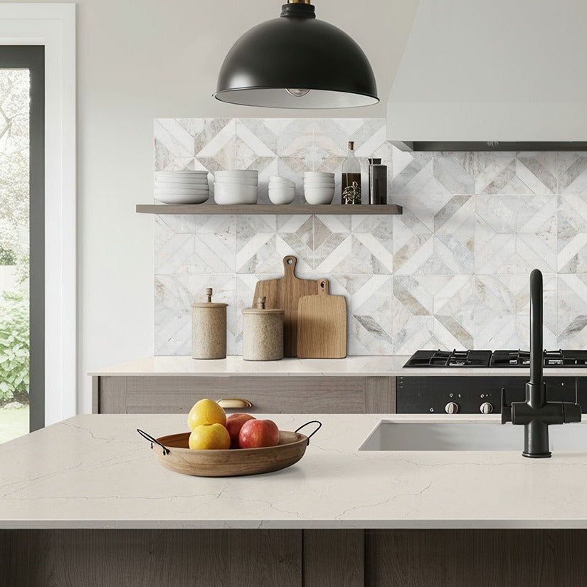 Miraggio Taj Honed LumaLuxe Ultra quartz kitchen countertop installed in a room setting