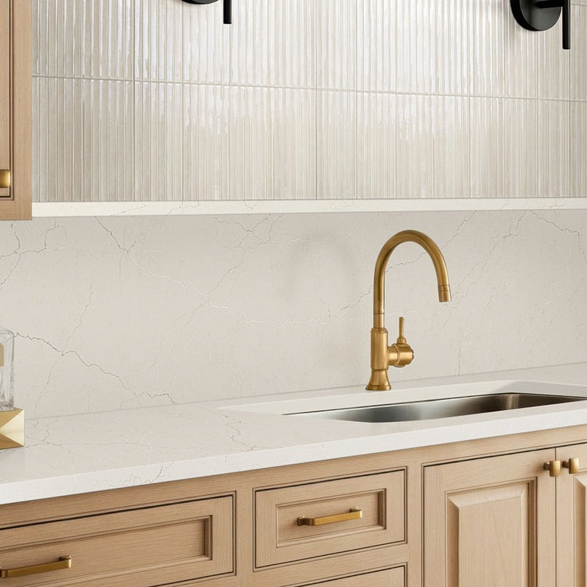 Miraggio Taj Honed LumaLuxe Ultra quartz kitchen countertop installed in a room setting