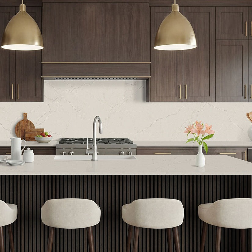 Miraggio Taj LumaLuxe Ultra quartz kitchen countertop installed in a room setting