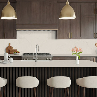 Miraggio Taj LumaLuxe Ultra quartz kitchen countertop installed in a room setting