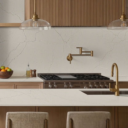 Miraggio Taj LumaLuxe Ultra quartz kitchen countertop installed in a room setting