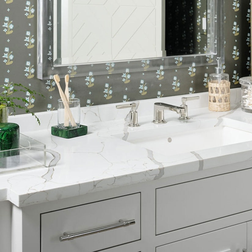 New Calacatta Laza Gold quartz countertop installed in a room setting