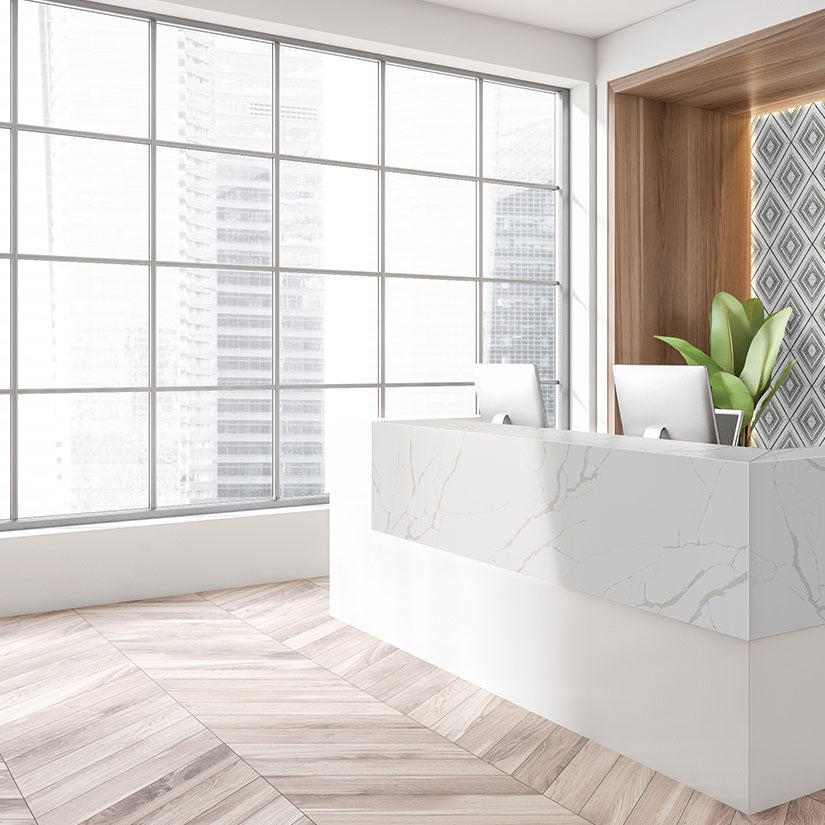 New Calacatta Laza quartz countertop installed in a room setting