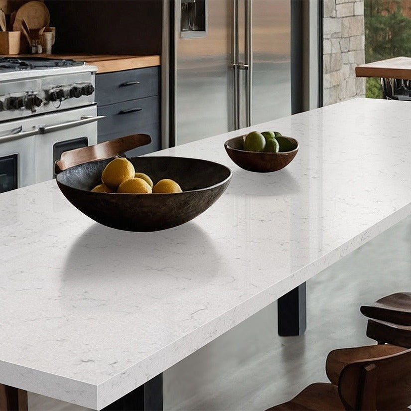 New Carrara Marmi quartz countertop installed in a room setting