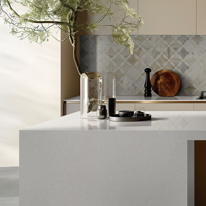 Perla White LumaLuxe quartz kitchen countertop installed in a room setting