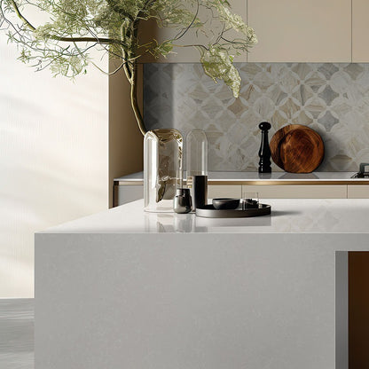 Perla White LumaLuxe quartz kitchen countertop installed in a room setting
