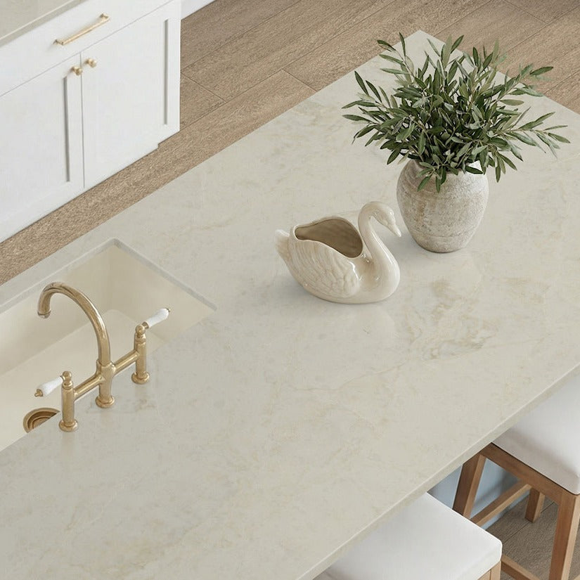 Serataj Brushed quartz kitchen countertop installed in a room setting