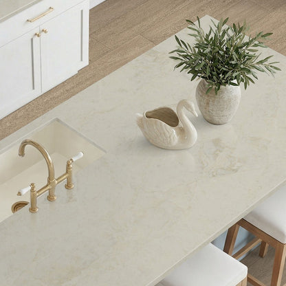Serataj Brushed quartz kitchen countertop installed in a room setting
