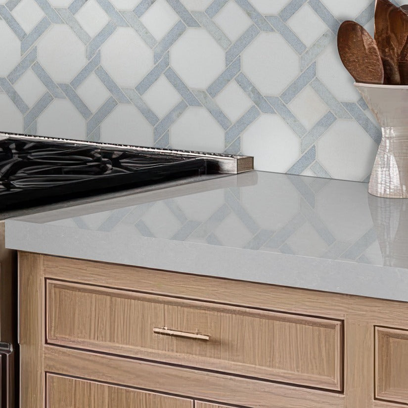 Smoked Pearl LumaLuxe quartz kitchen countertop installed in a room setting