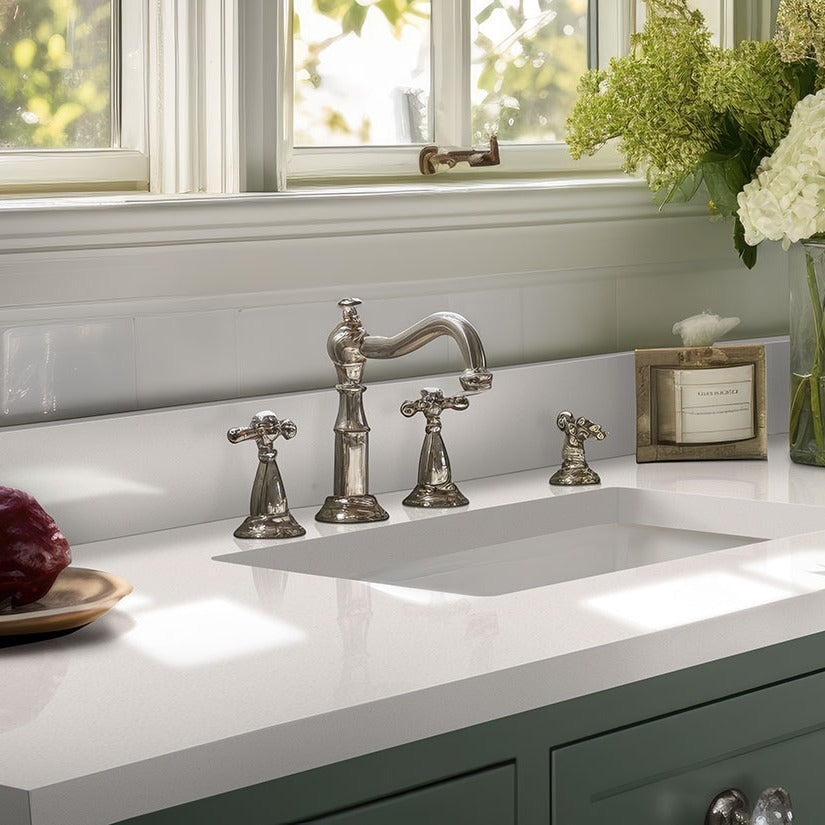 Snow White quartz countertop installed in a room setting