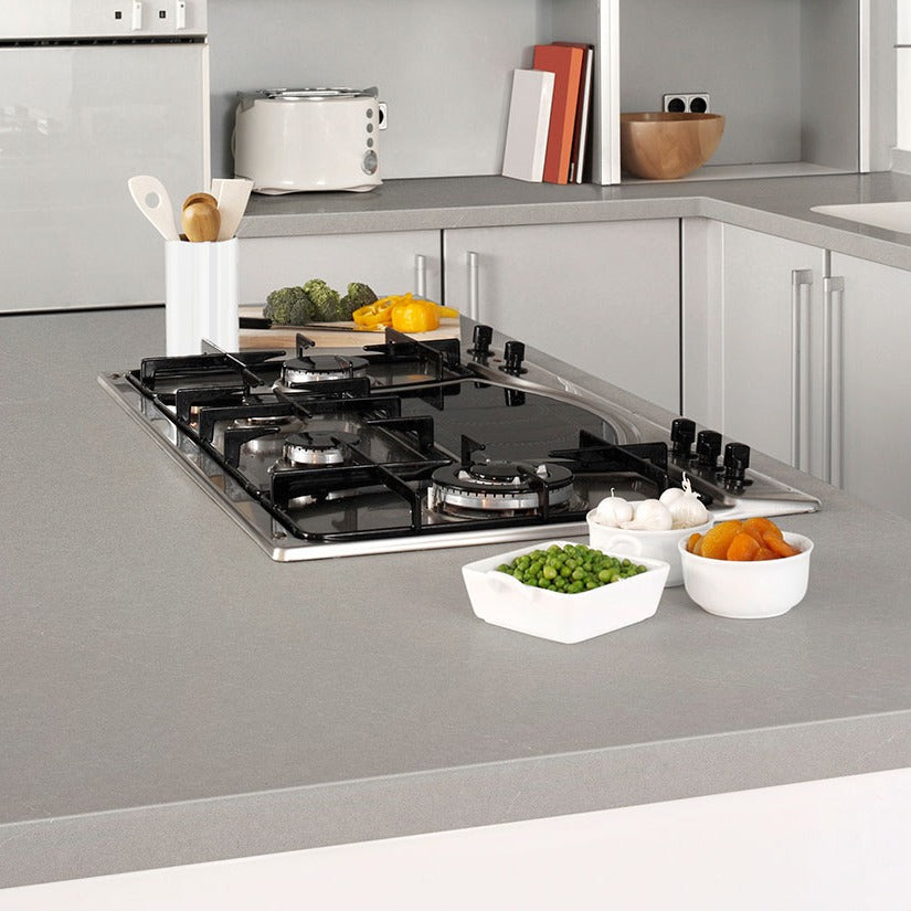 Soapstone Mist Concrete quartz countertop installed in a room setting