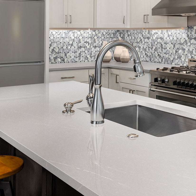 Soapstone Mist quartz countertop installed in a room setting