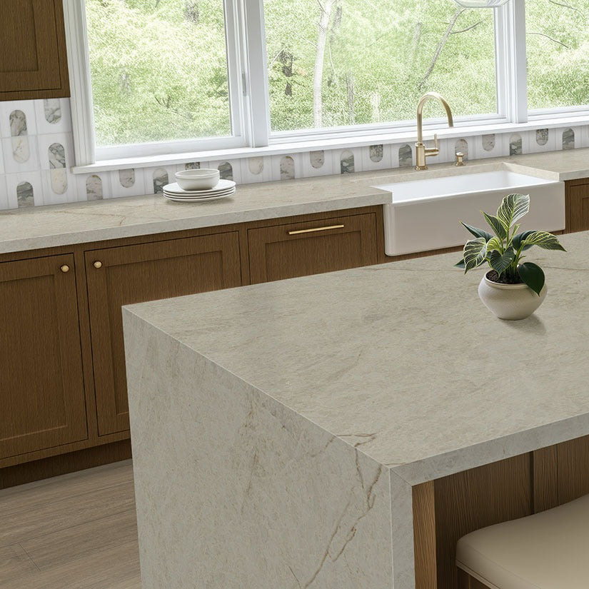SoliTaj Brushed Q Plus quartz kitchen countertop installed in a room setting