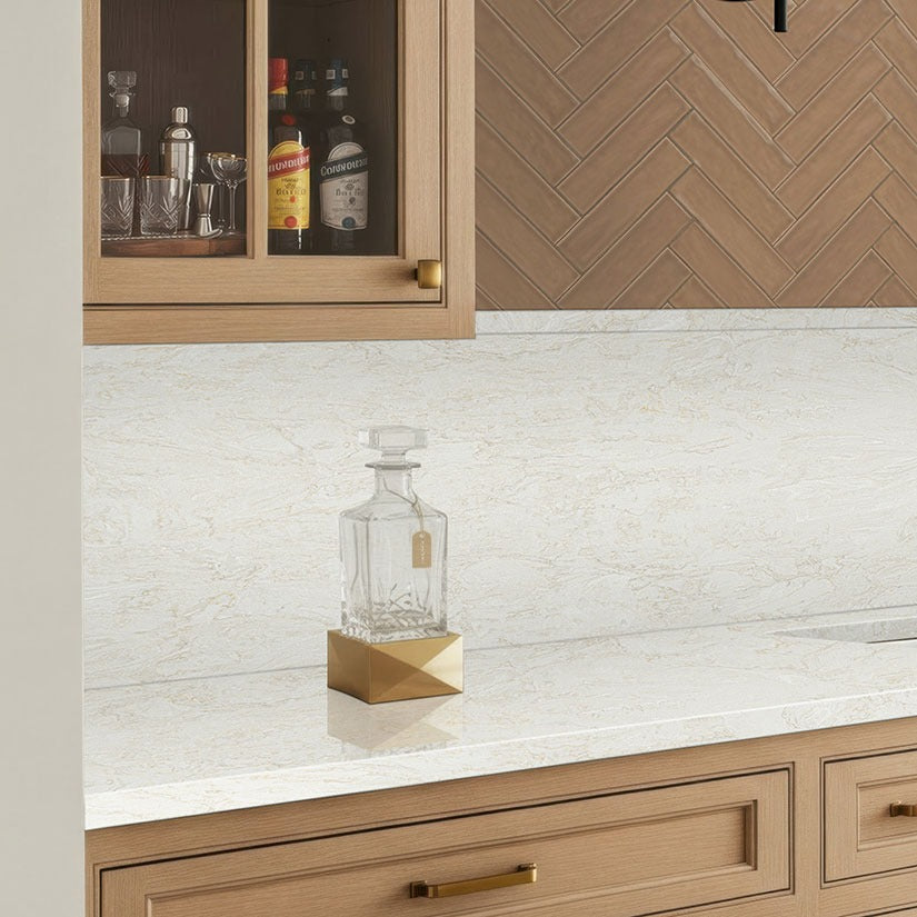 Travataj LumaLuxe quartz kitchen countertop installed in a room setting