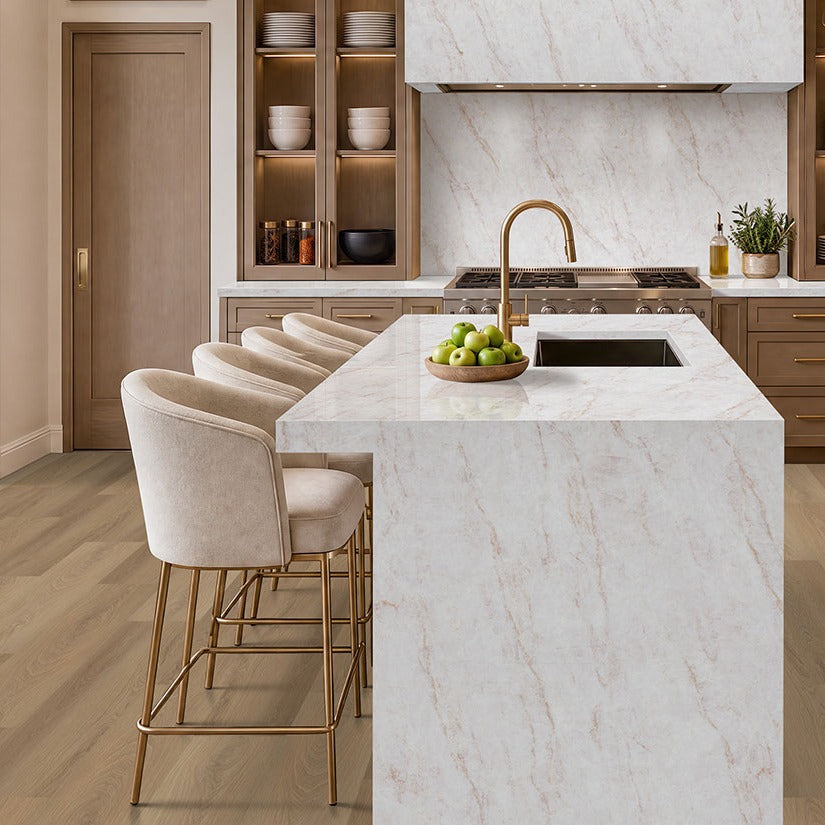 VelaTaj Q Plus quartz kitchen countertop installed in a room setting