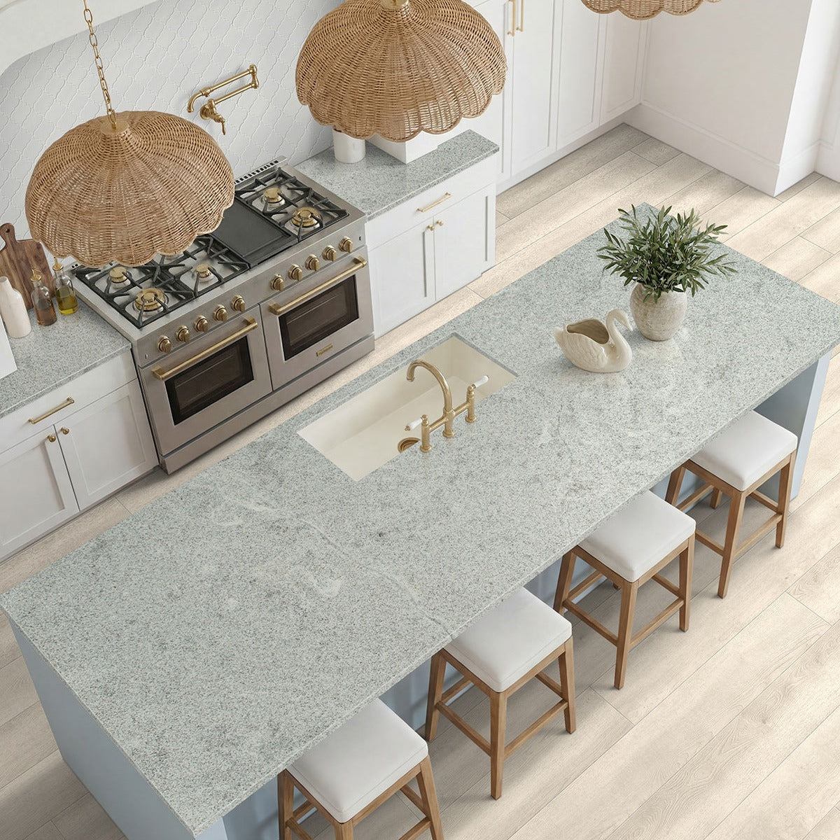 White Alpha granite countertop installed in a kitchen