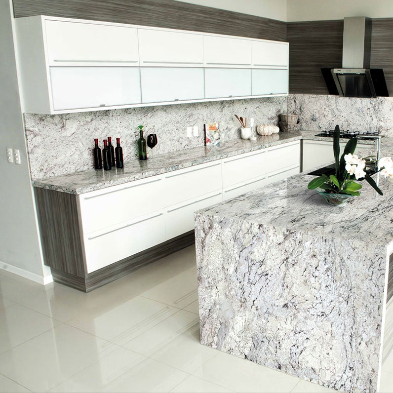 White Ice granite countertop installed in a kitchen