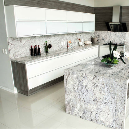 White Ice granite countertop installed in a kitchen
