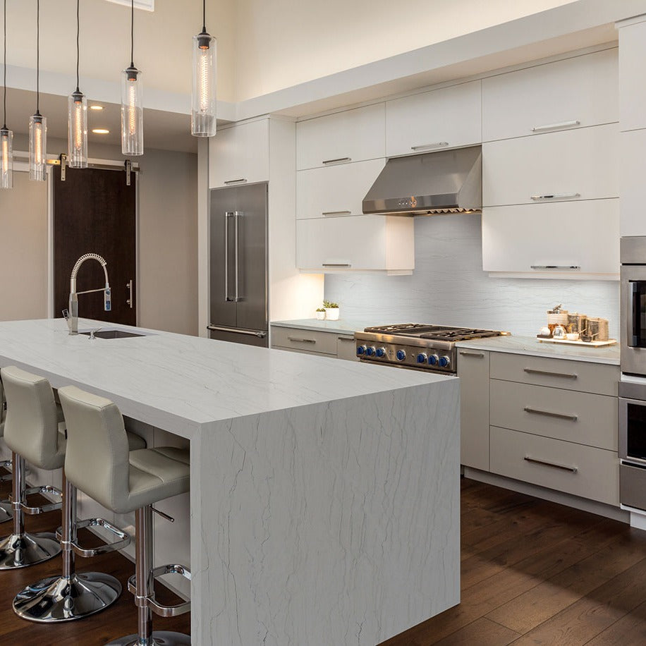 White Montreal quartzite installed in a room setting
