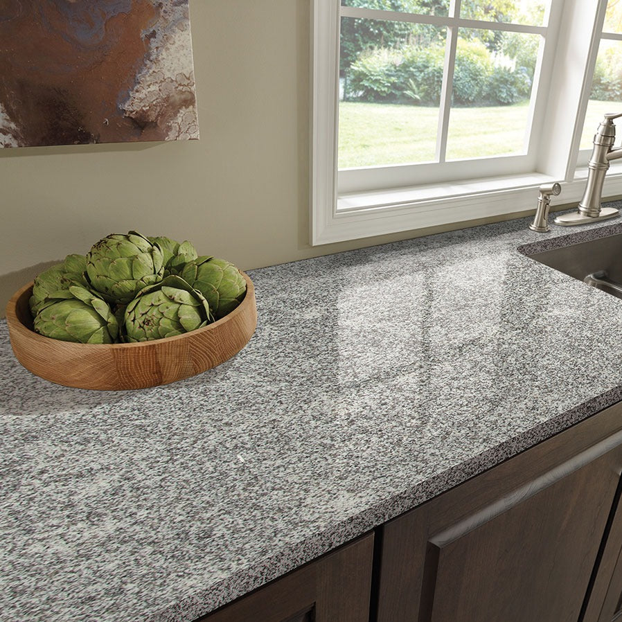 White Sparkle granite countertop installed in a kitchen